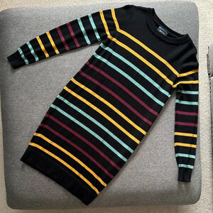 Modcloth Black Multicolored Striped Long Sleeve Dress Medium